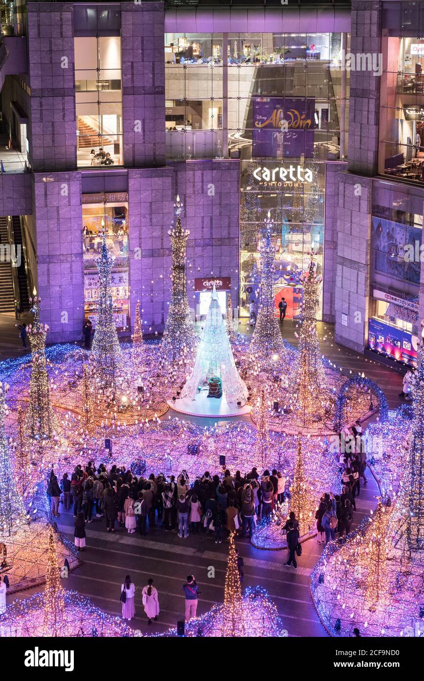 TOKYO, JAPAN - NOVEMBER 15 2019: Illuminations light up at at Caretta shopping mall in Shiodome district, Odaiba area. The illuminations' prepared for Stock Photo