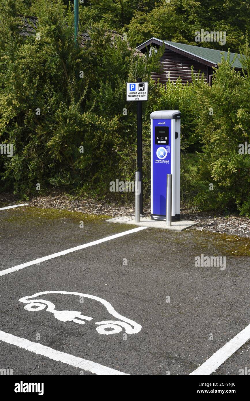 Electric vehicle car recharging point in Scotland. Logan Gardens