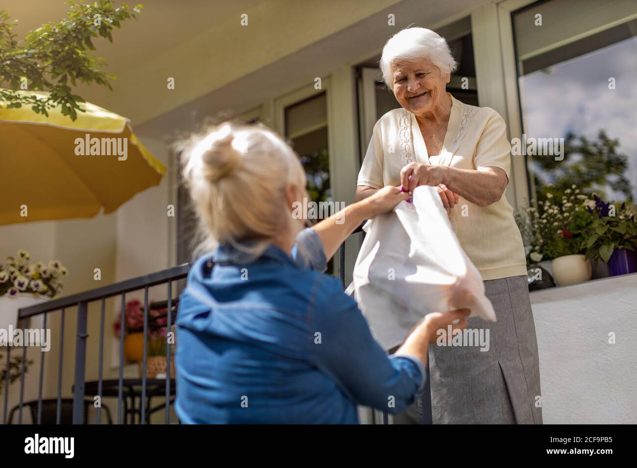 Adult daughter delivering groceries to her elderly mother Stock Photo