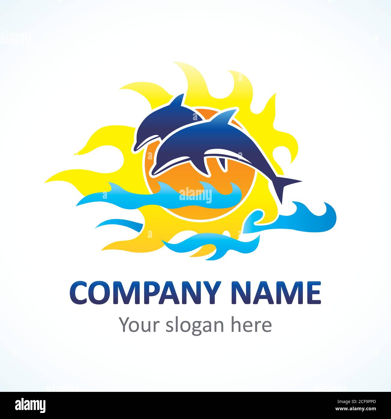Dolphin, sea line and flame sunlight vector logo. Branding identity of tourist business, spa, beach service, resort or hotel by the sea Stock Vector