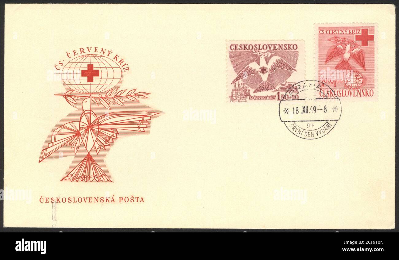 Czechoslovakia. First Day Cover. Czechoslovakia historical stamp. Czechoslovakia First Day Cover and Envelope, Stamp. Stock Photo