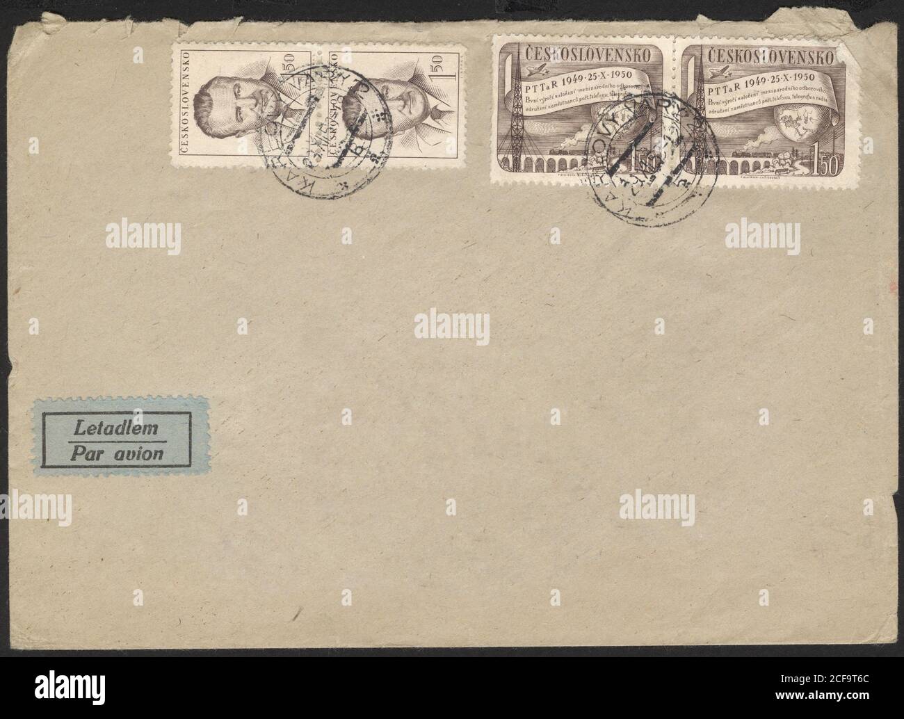 Envelope, stamps and stamp of a letter sent from Czechoslovakia. An old