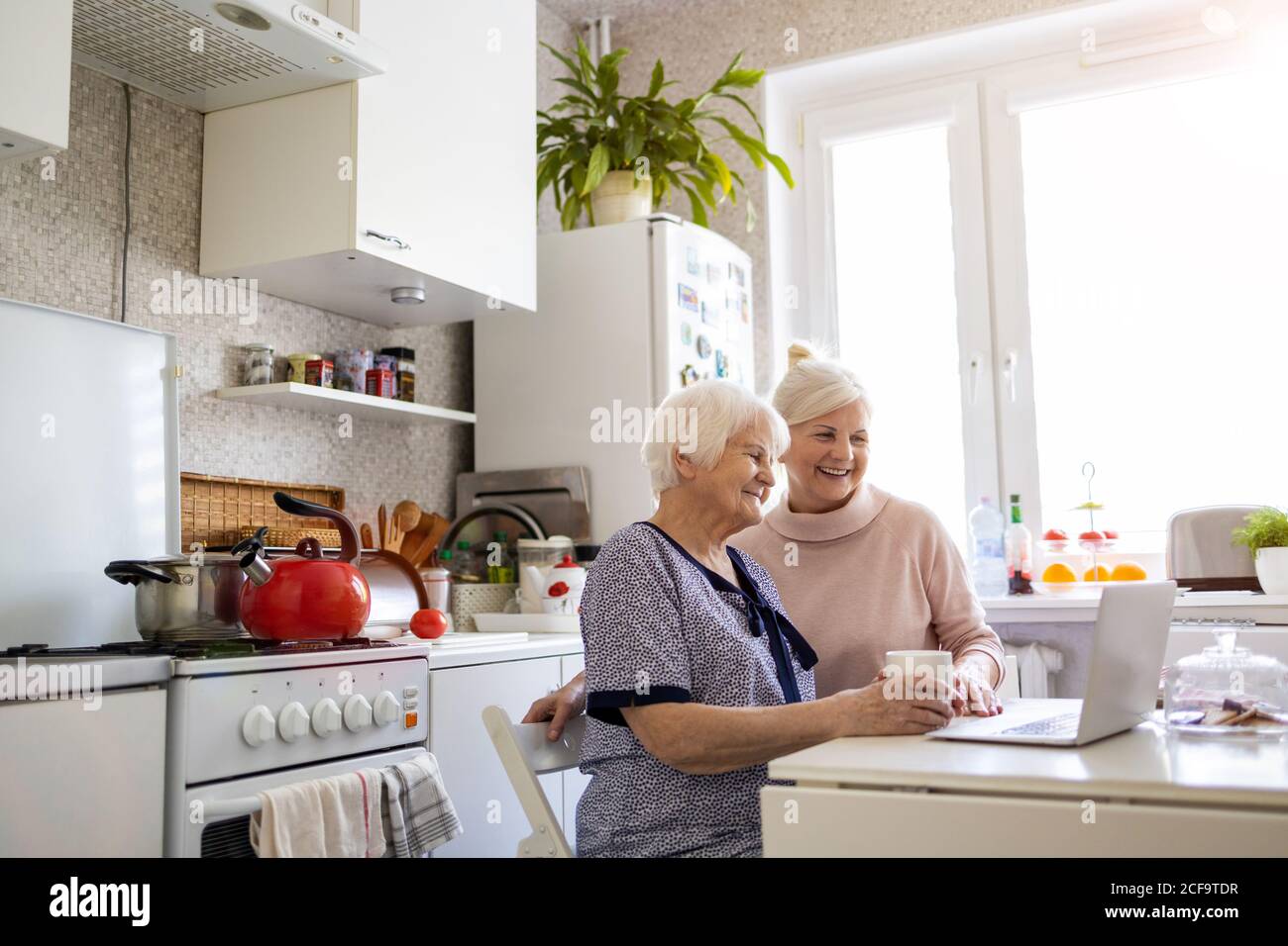 Adult daughter teaching her elderly mother to use laptop Stock Photo