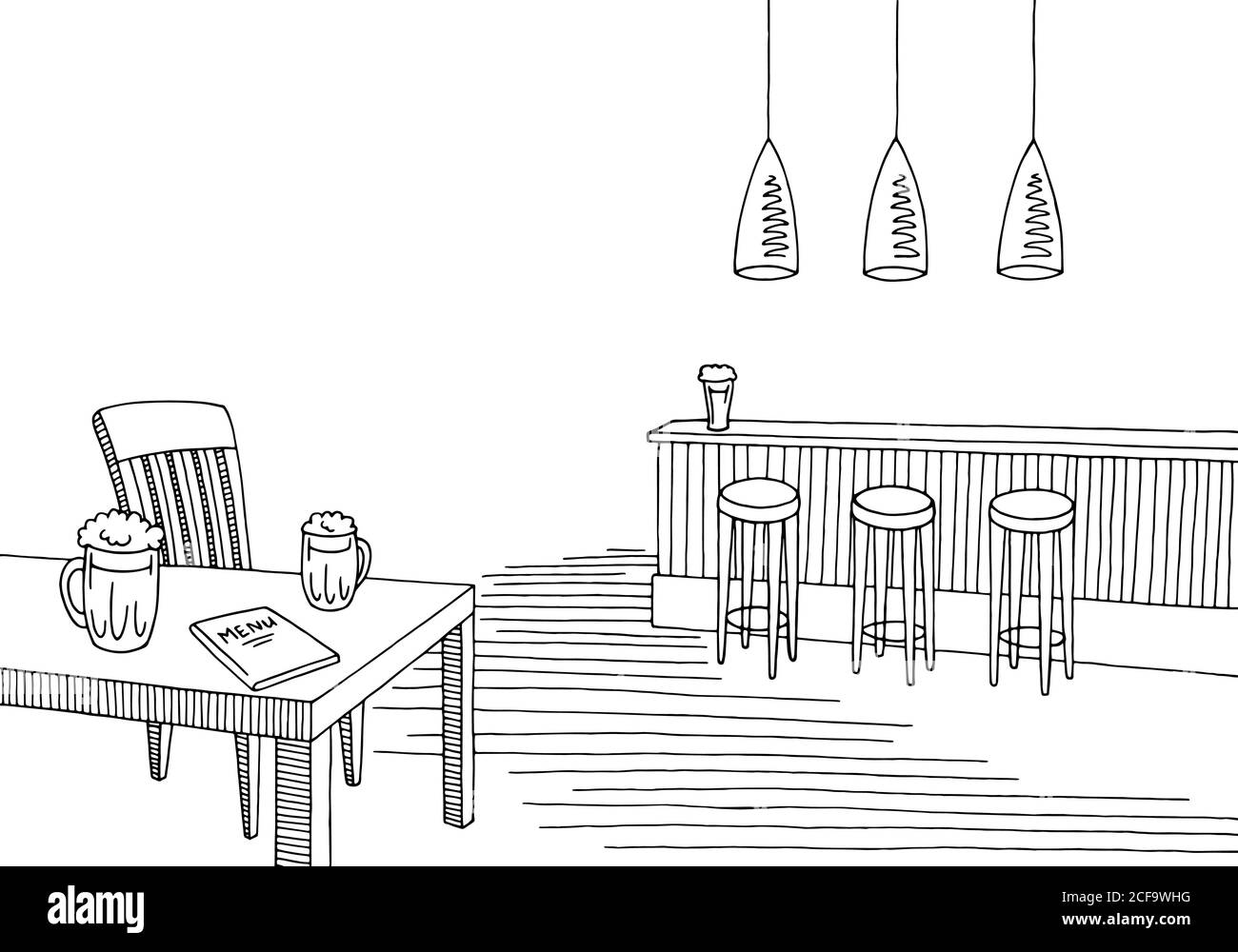 Cafe bar graphic black white interior sketch illustration vector Stock