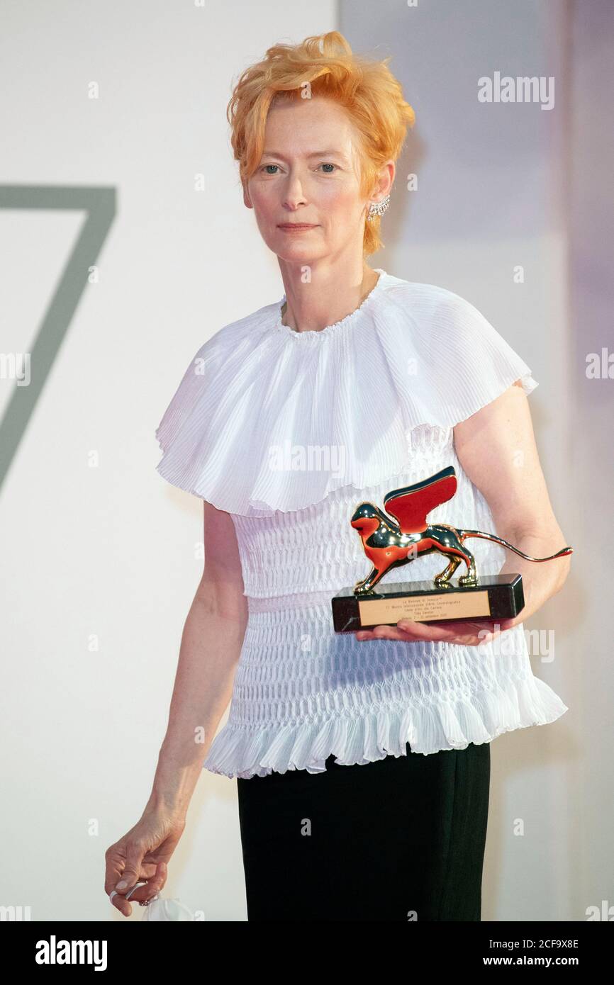 Venice, Italy. 02nd Sep, 2020. Tilda Swinton with the Golden Lion for Lifetime Achievement at the festival opening at the 77th Venice Film Festival at on September 2, 2020 in Venice, Italy Credit: Geisler-Fotopress GmbH/Alamy Live News Stock Photo