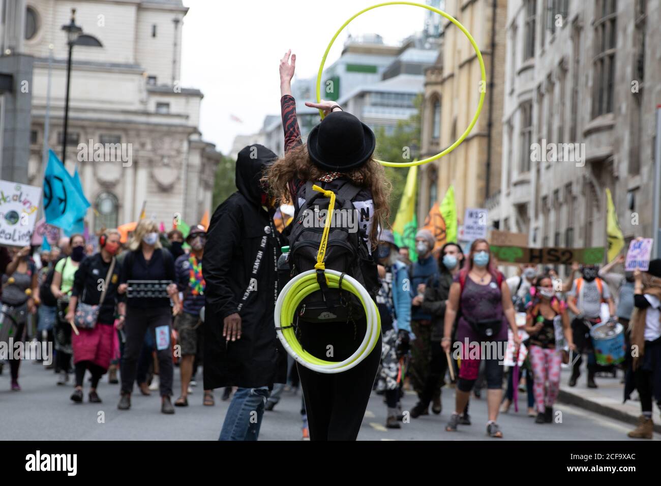 London, UK. 4th September, 2020. Day five of Extinction Rebellion’s 10 day protest. Protests are occurring internationally. Protest’s in England are focussed on getting MPs to back the Climate and Ecological Emergency Bill and against HS2. Credit: Liam Asman/Alamy Live News Stock Photo