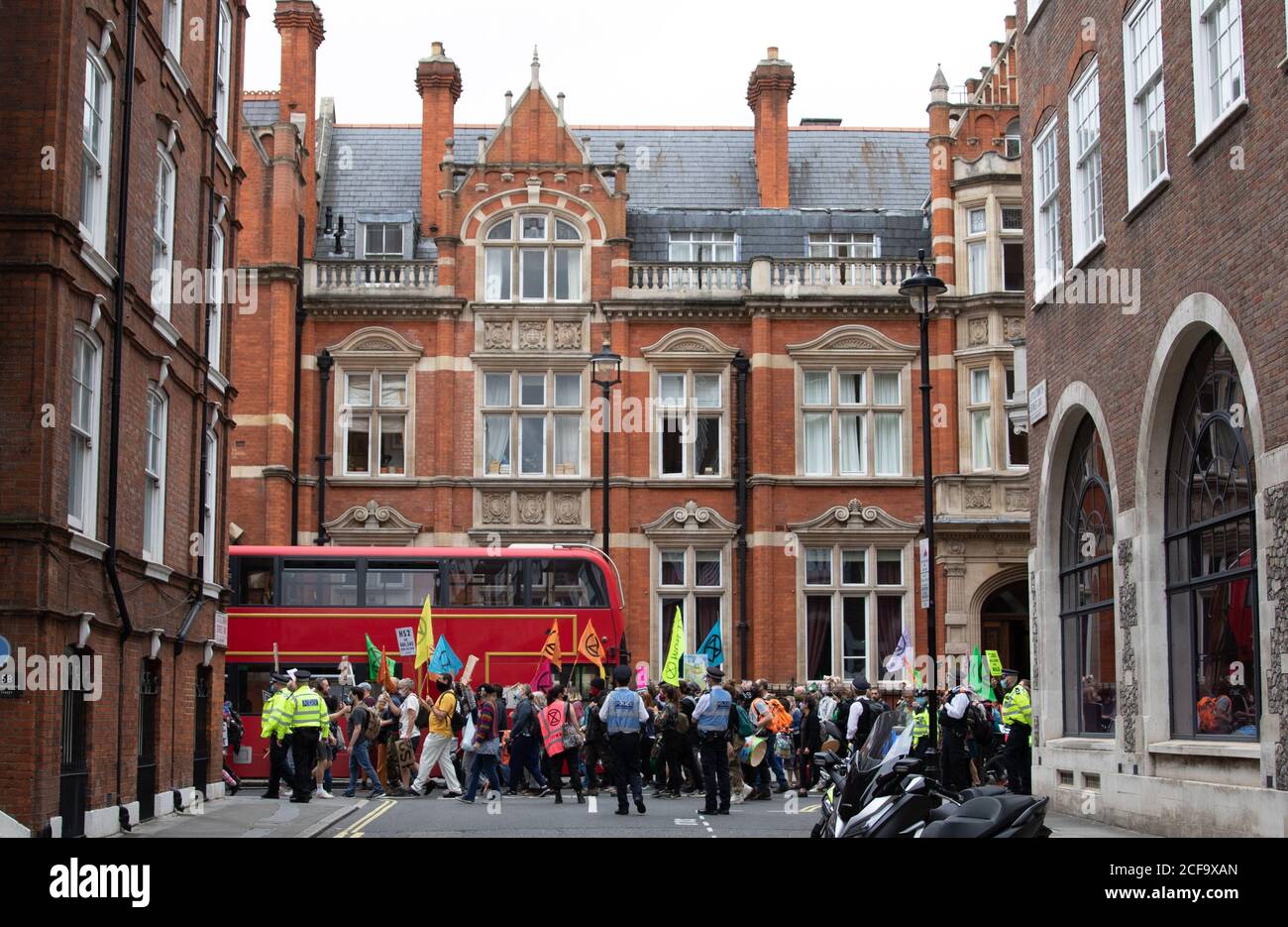 London, UK. 4th September, 2020. Day five of Extinction Rebellion’s 10 day protest. Protests are occurring internationally. Protest’s in England are focussed on getting MPs to back the Climate and Ecological Emergency Bill and against HS2. Credit: Liam Asman/Alamy Live News Stock Photo