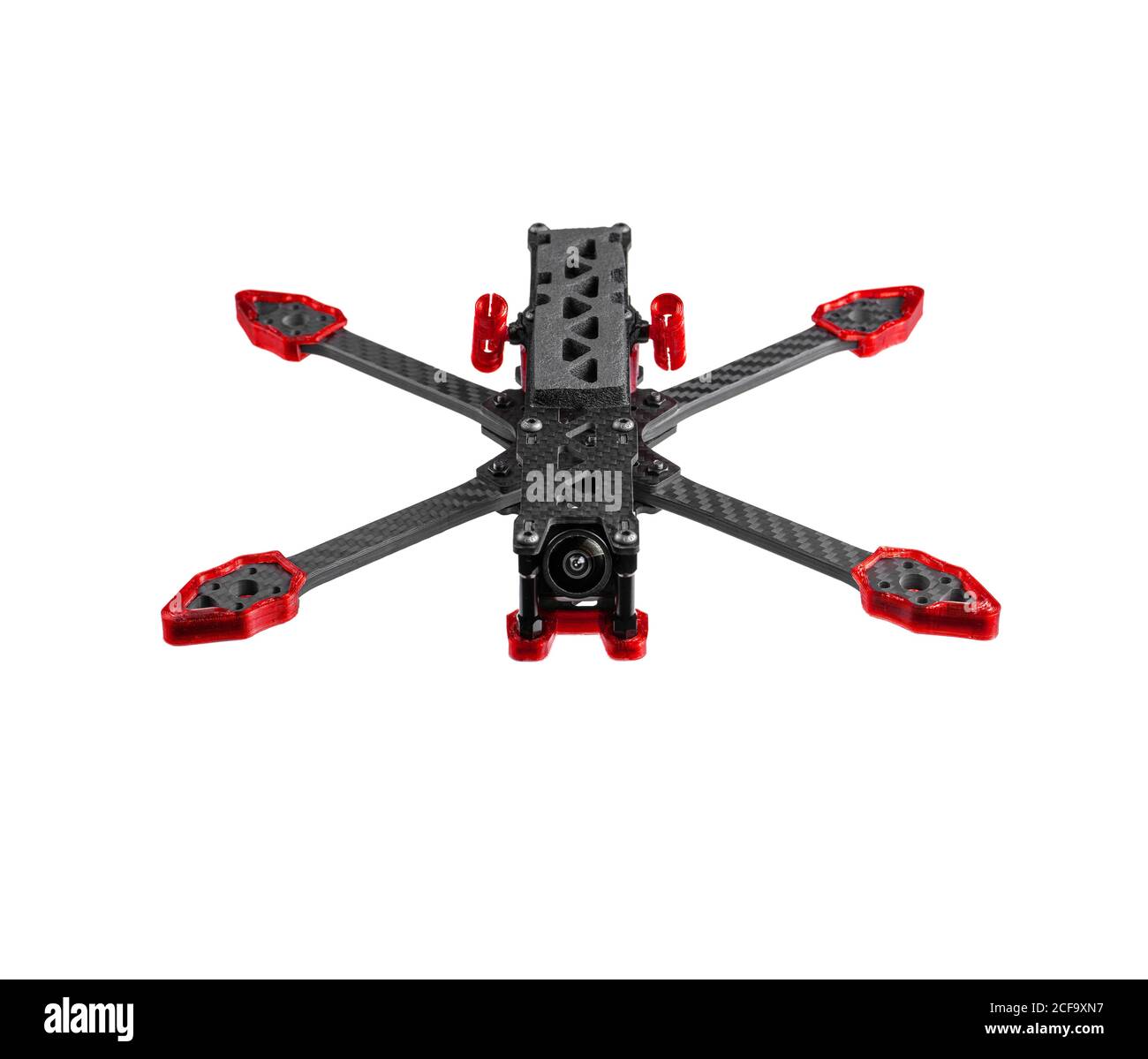 Carbon frame for FPV racing drone isolate on white background. Assembling the quadcopter. Stock Photo