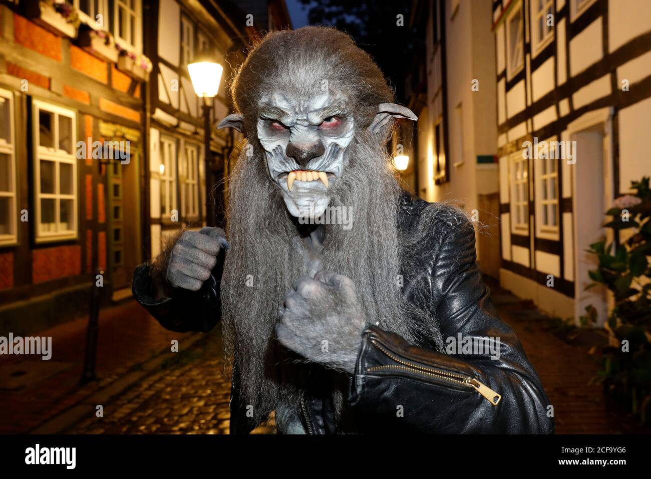 GEEK ART - Bodypainting and Transformaking: Werewolf photoshooting with Paul Skupin as werewolf at Grosse Hofstrasse in Hamelin on September 3r, 2020 - A project by the photographer Tschiponnique Skupin and the bodypainter Enrico Lein | usage worldwide Stock Photo