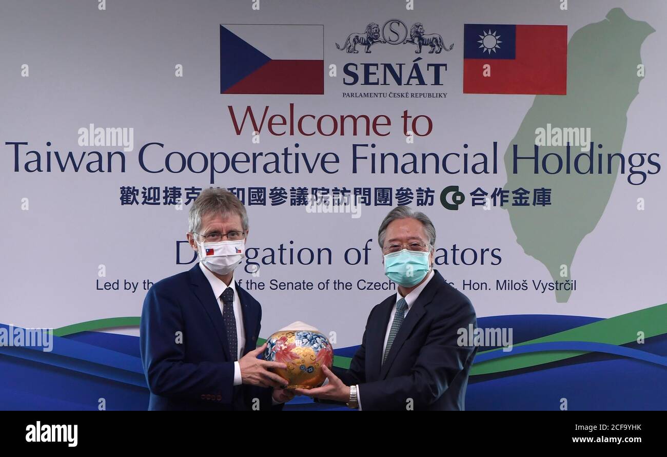 Czech Senate chairman Milos Vystrcil, left, and Chairman of the Board of Taiwan Cooperative Bank Chung-Dar Lei during their meeting in Taipei, Taiwan, September 4, 2020. Milos Vystrcil, accompanied by a 90-member delegation, comprised of politicians, businesspeople, representatives of scientific and culture institutions and journalists, came to Taiwan on Sunday, August 30, where he will stay until Friday, September 4, 2020. Vystrcil, one of the highest world politicians to visit Taiwan in the modern history, will meet supreme Taiwanese representatives, such as President Tsai Ing-wen, Prime Min Stock Photo