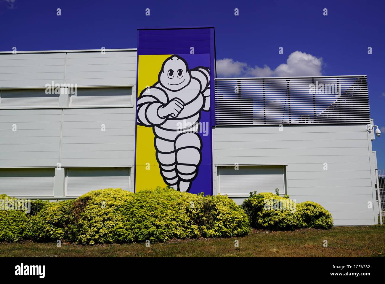 Clermont Ferrand , auvergne / France - 09 23 2019 : bibendum michelin sign logo front of tyres factory in Clermont Ferrand Stock Photo