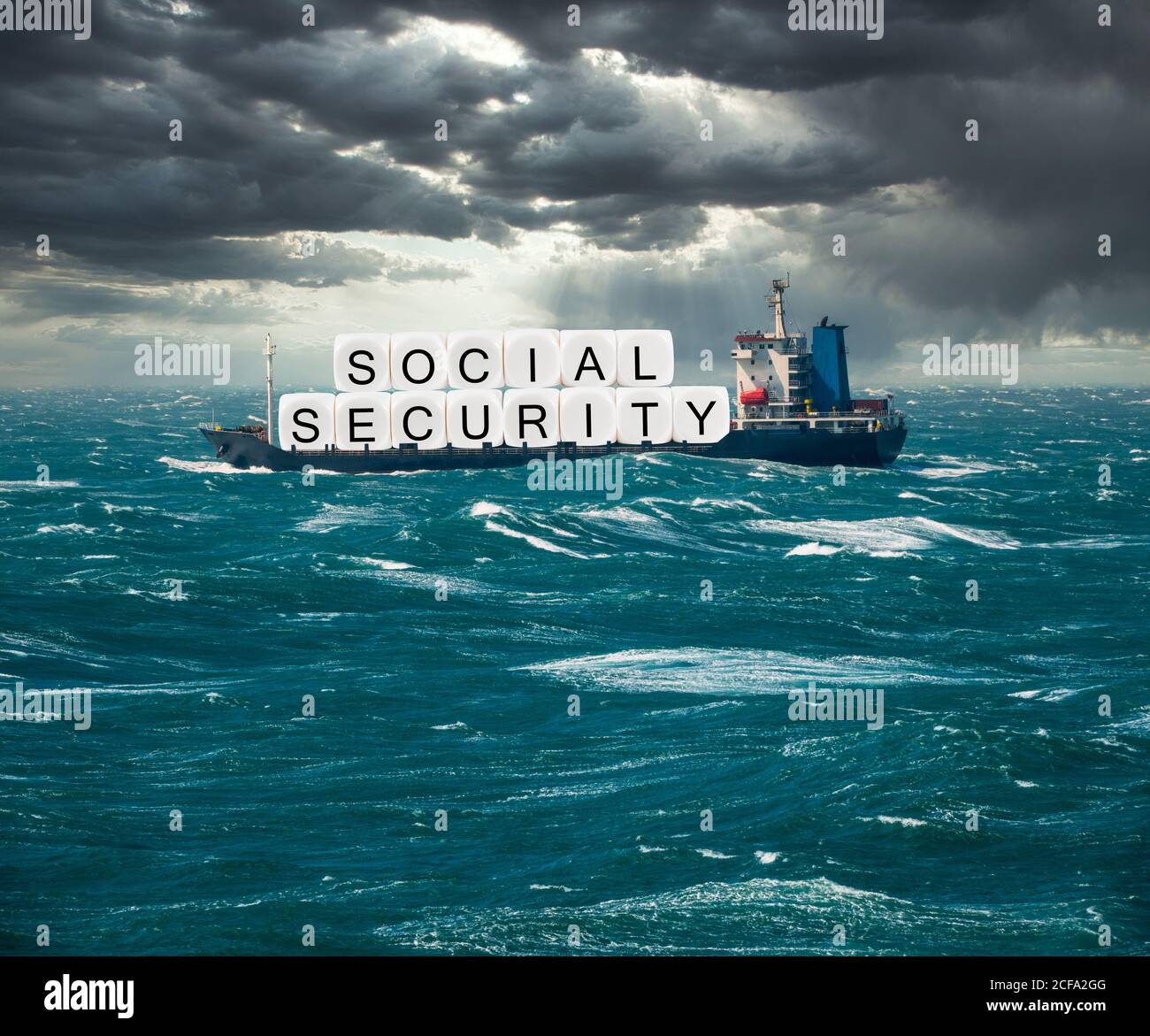 Social Security letters carried on freight ship in stormy seas as concept for issues around funding of USA pensions to seniors Stock Photo