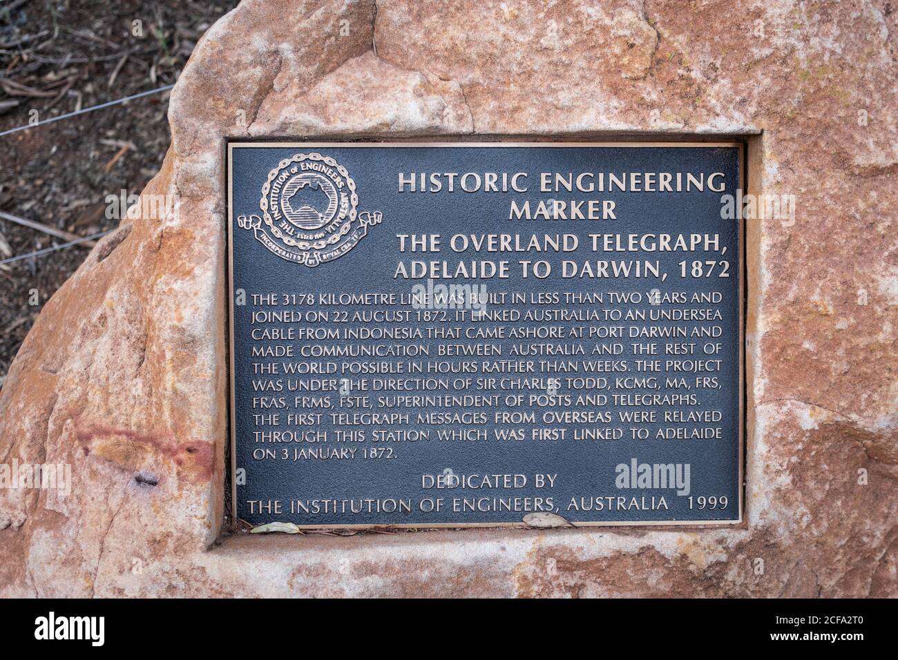 Commemorative plaque of the arrival of the telegraph in Australia and the works performed to bring it to the continent through an undersea cable. Alic Stock Photo