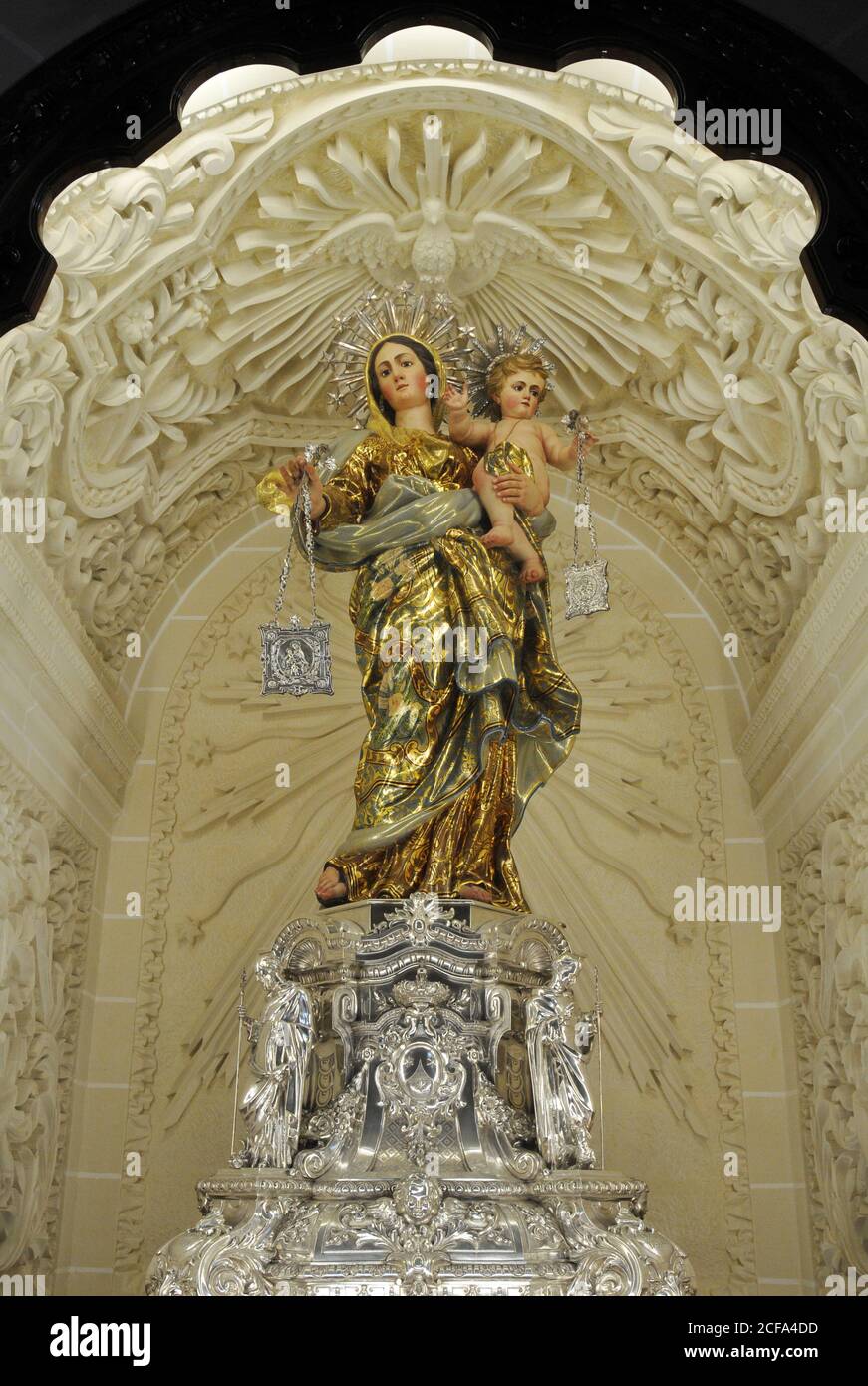 Statue of the Madonna and Child inside the Basilica of Our Lady of Mount Carmel in Valletta, Malta. Stock Photo