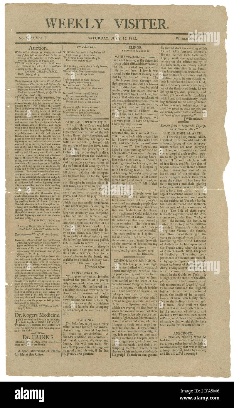 Antique July 15, 1815 newspaper, the Weekly Visiter, from Kennebunk, Maine. SOURCE: ORIGINAL NEWSPAPER Stock Photo