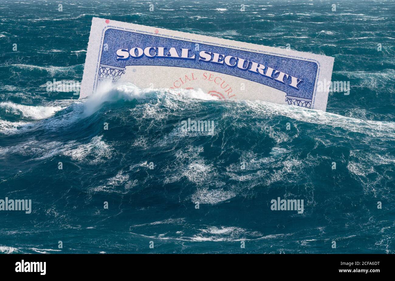 Social Security card sinking underwater in stormy seas as concept for issues around funding of USA pensions to seniors Stock Photo