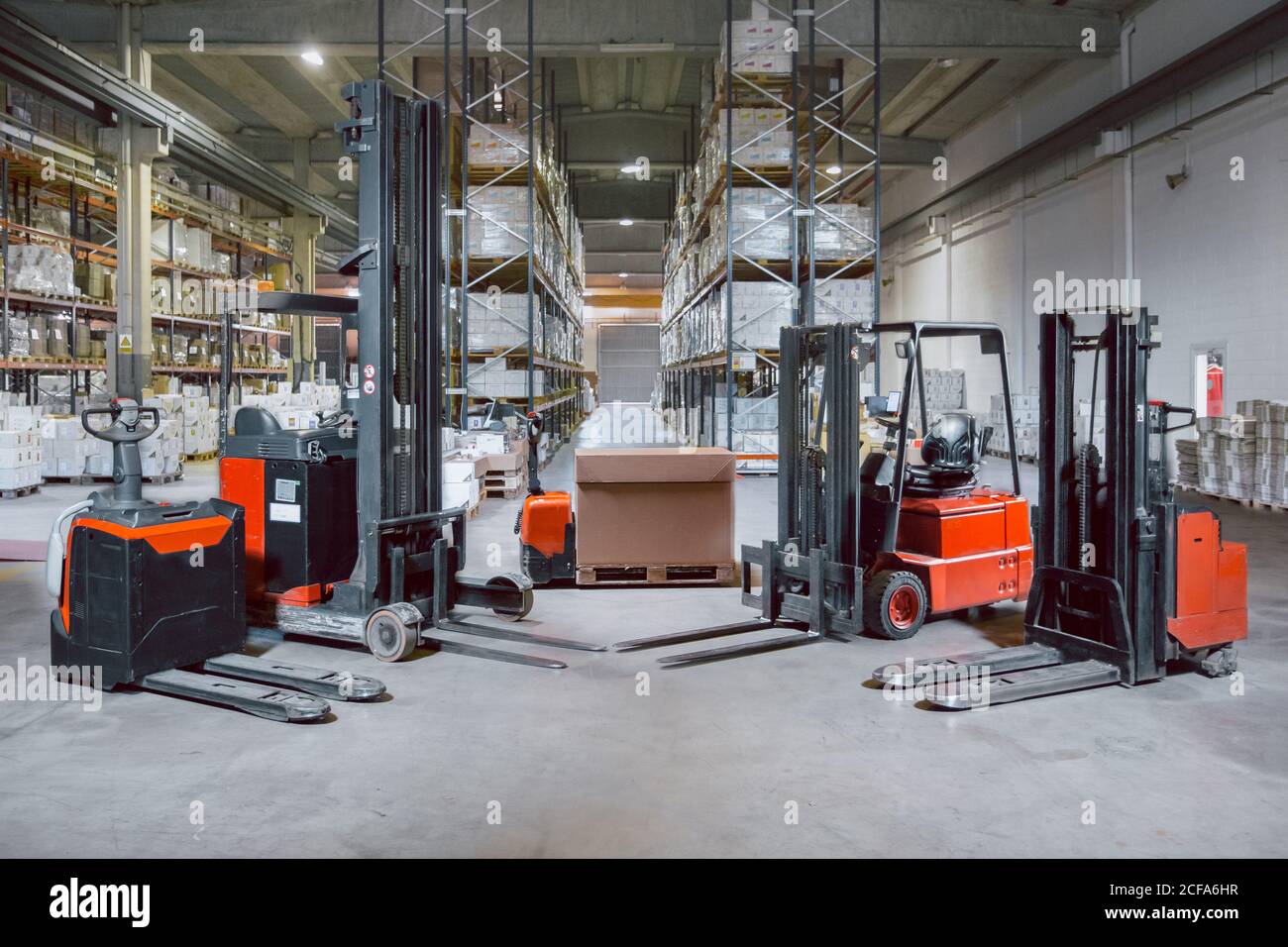 Modern different models of forklift trucks in big warehouse prepared