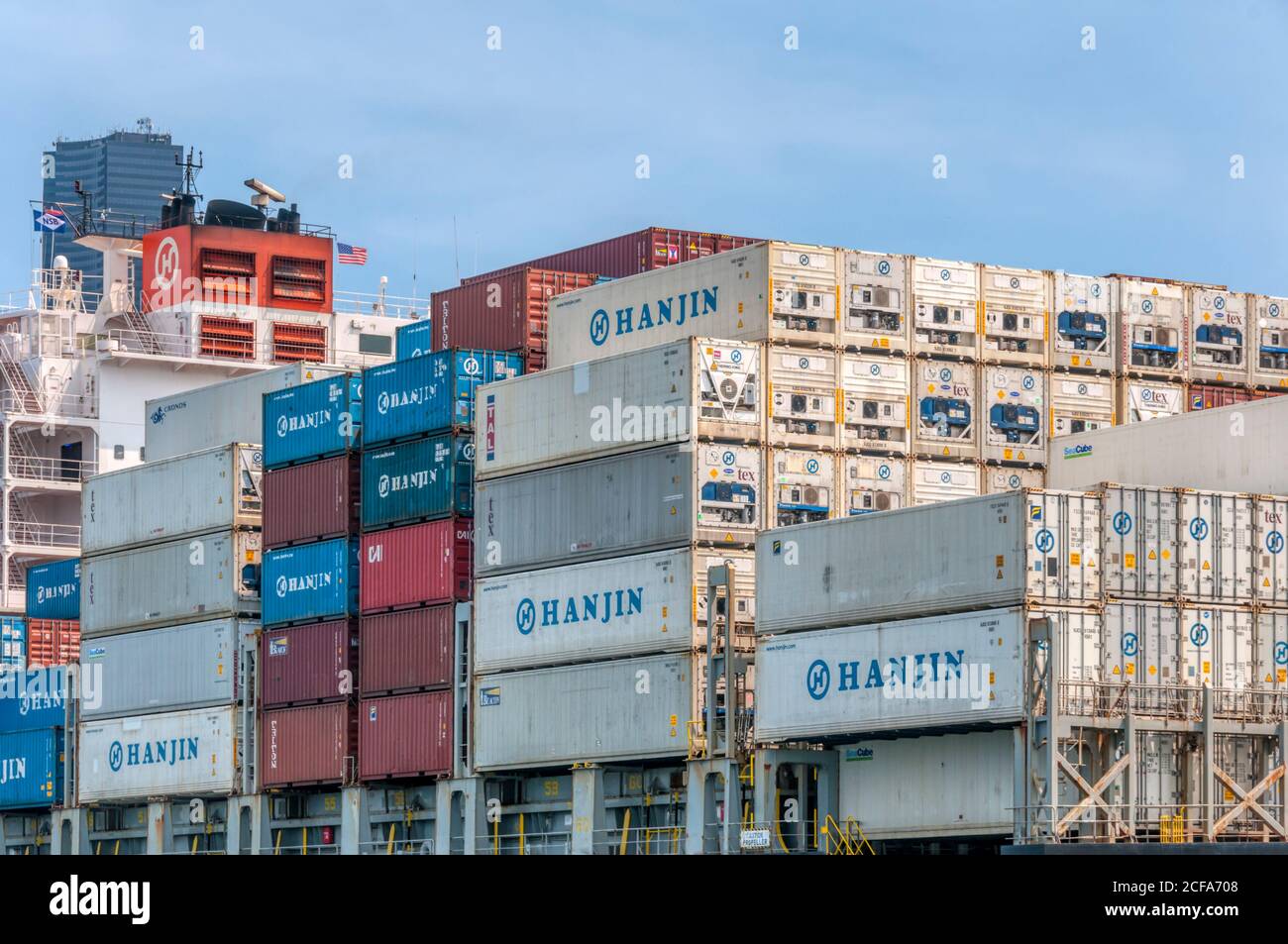 Shipping containers on a South Korean container ship in the port of Seattle, USA. Stock Photo