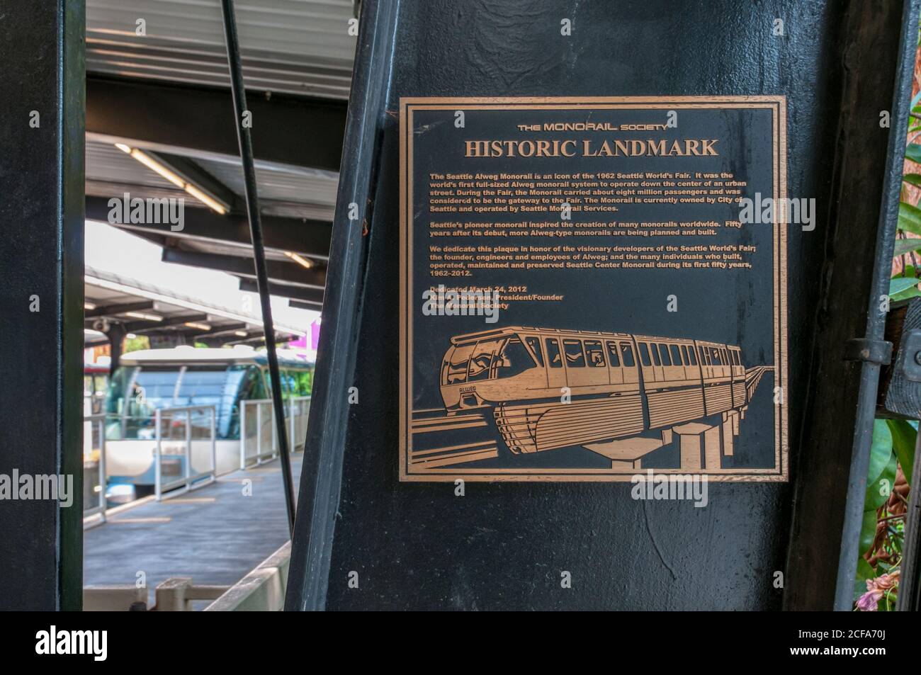 A plaque at the Seattle Monorail commemorates it as an Historic Landmark. Stock Photo