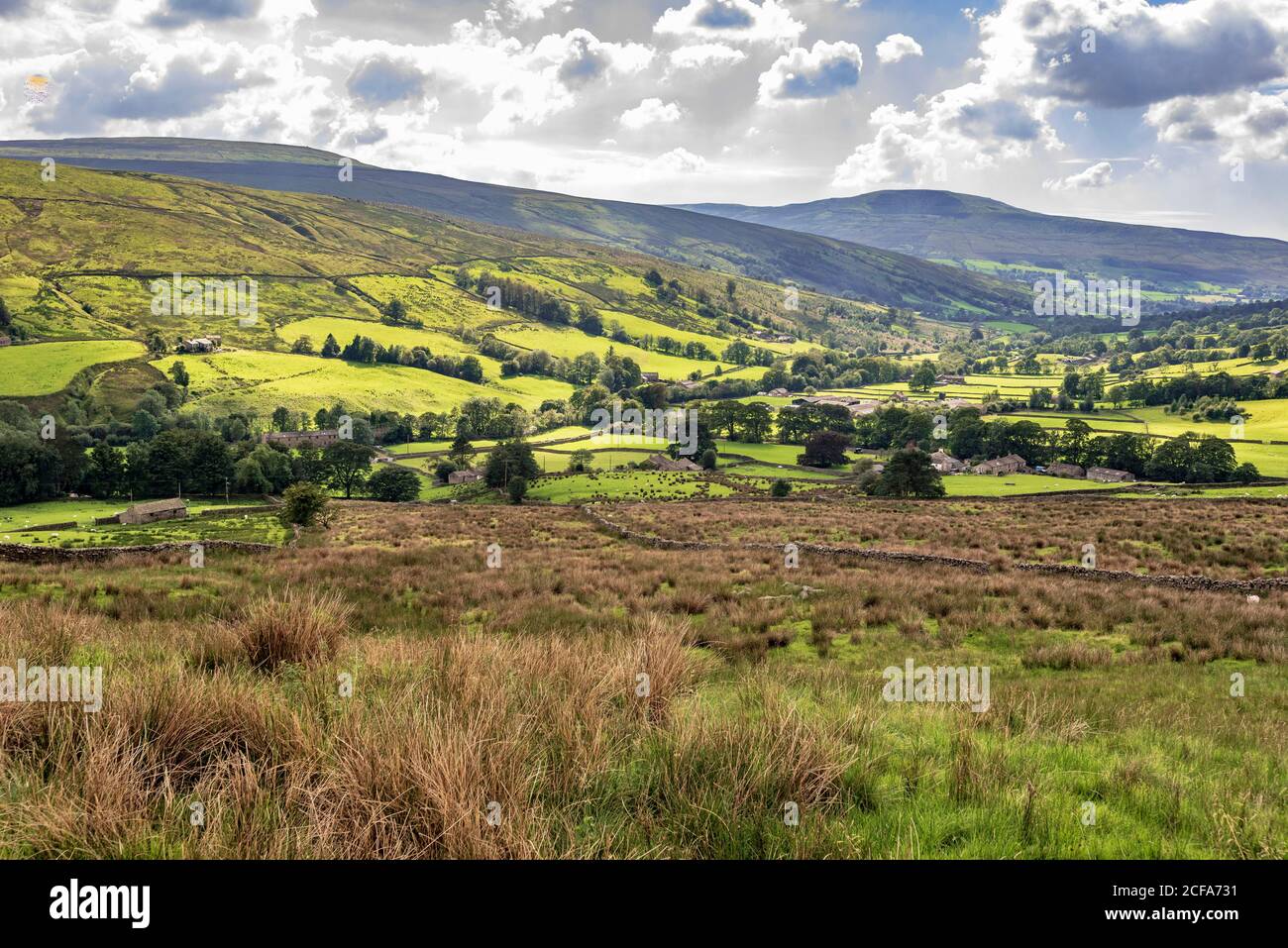 The village of Cowgill looking towards How Gill Moss in the Lancashre hills near Sedburgh. Stock Photo