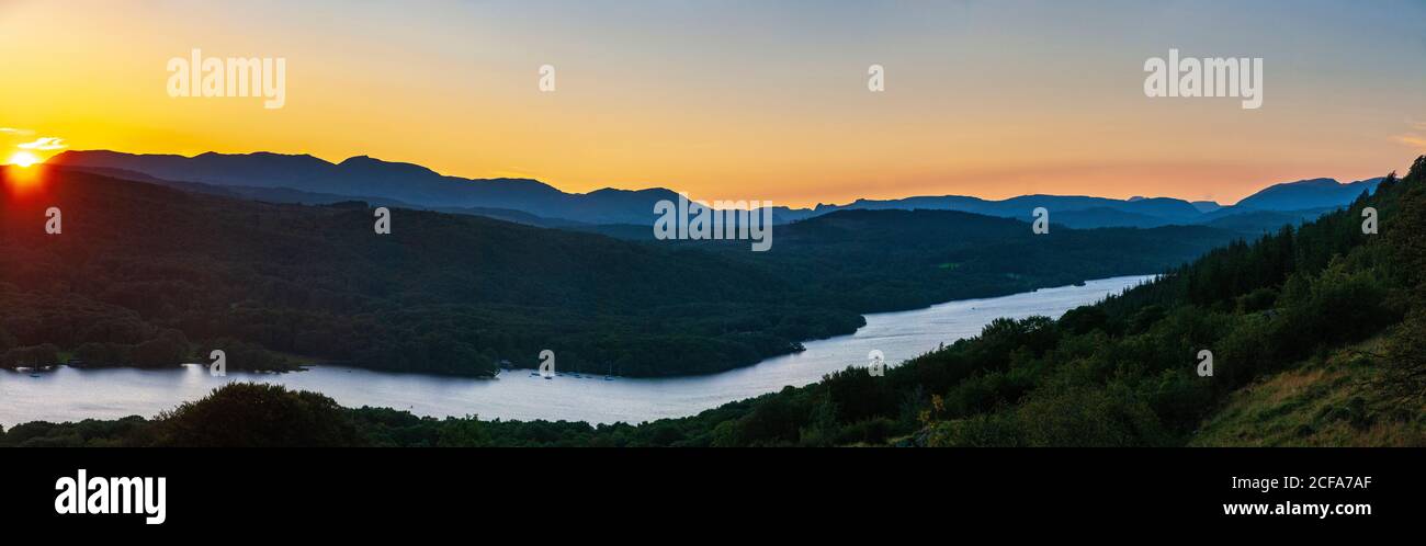 Sunset over Lake Windermere seen from Gummers How Stock Photo - Alamy