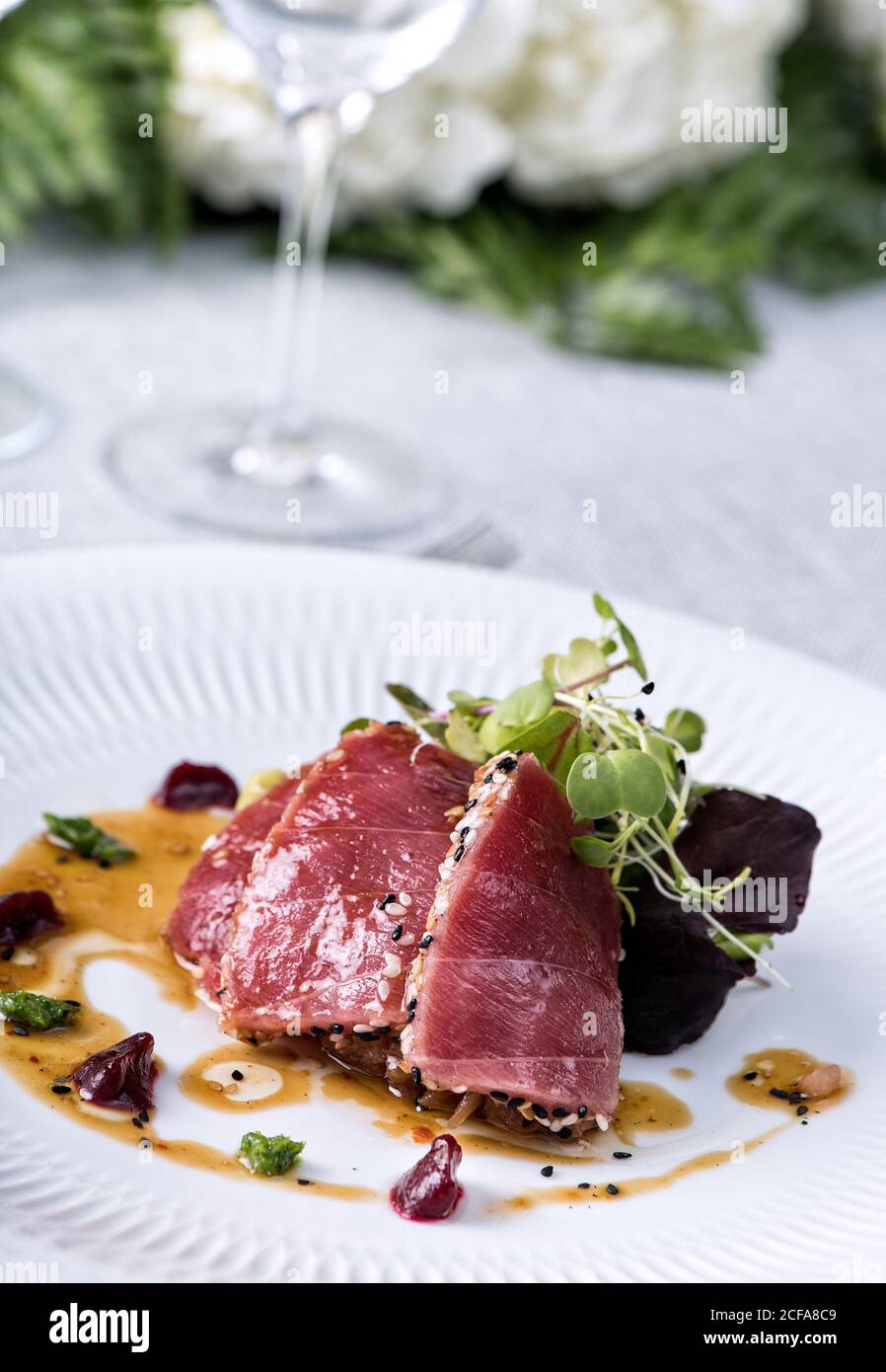 Appetizing gourmet Bluefin Tuna Tataki salad made with seared tuna and