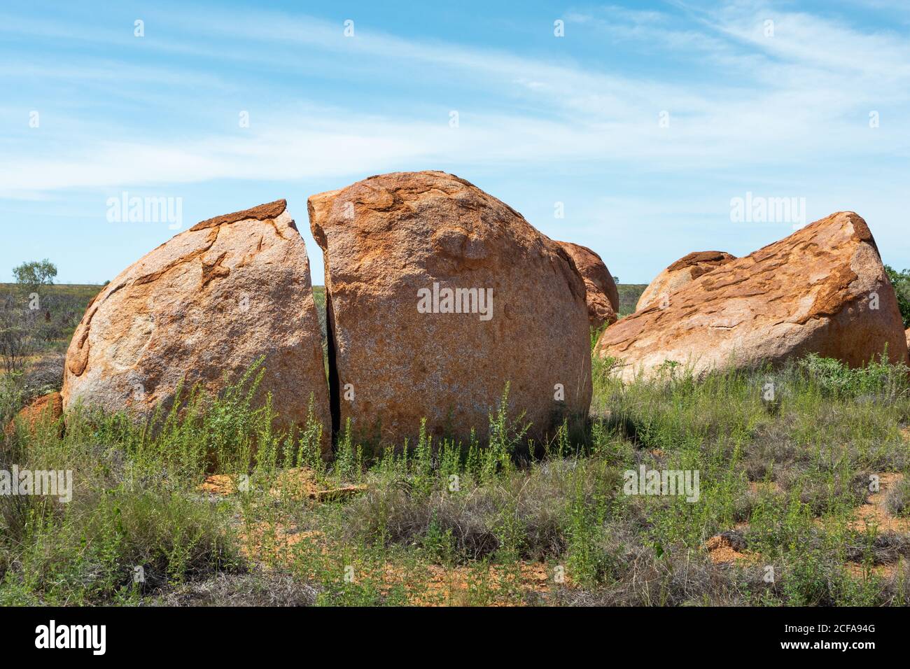 Close up picture of Devils Marbles. Sacred aboriginal place with massive granite boulders. Symbol of Australia's outback. Aboriginal name Karlu Karlu Stock Photo