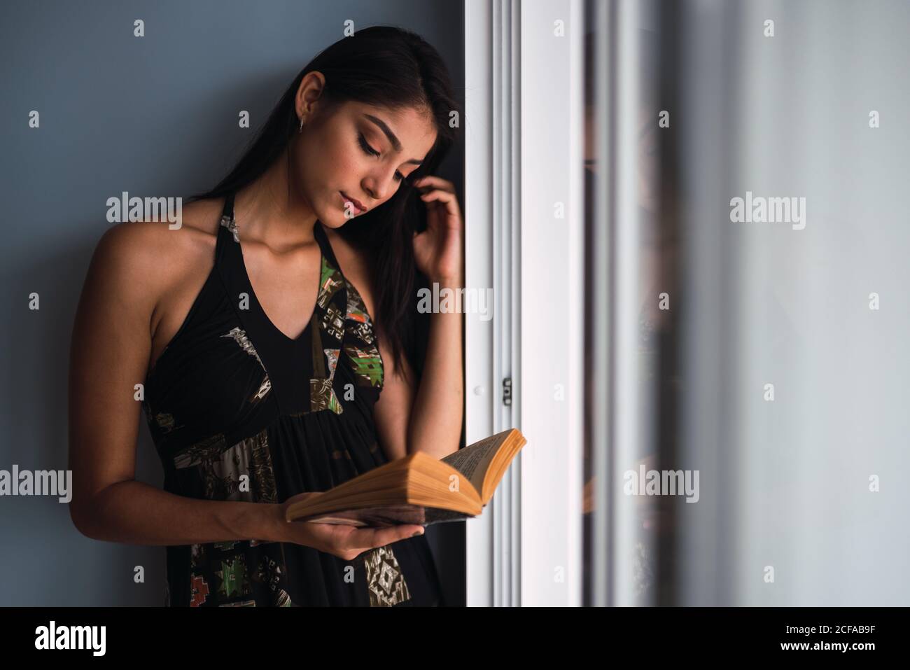 Beautiful passionate brunette Hispanic Woman in dress looking at volume in hands near window and grey wall Stock Photo