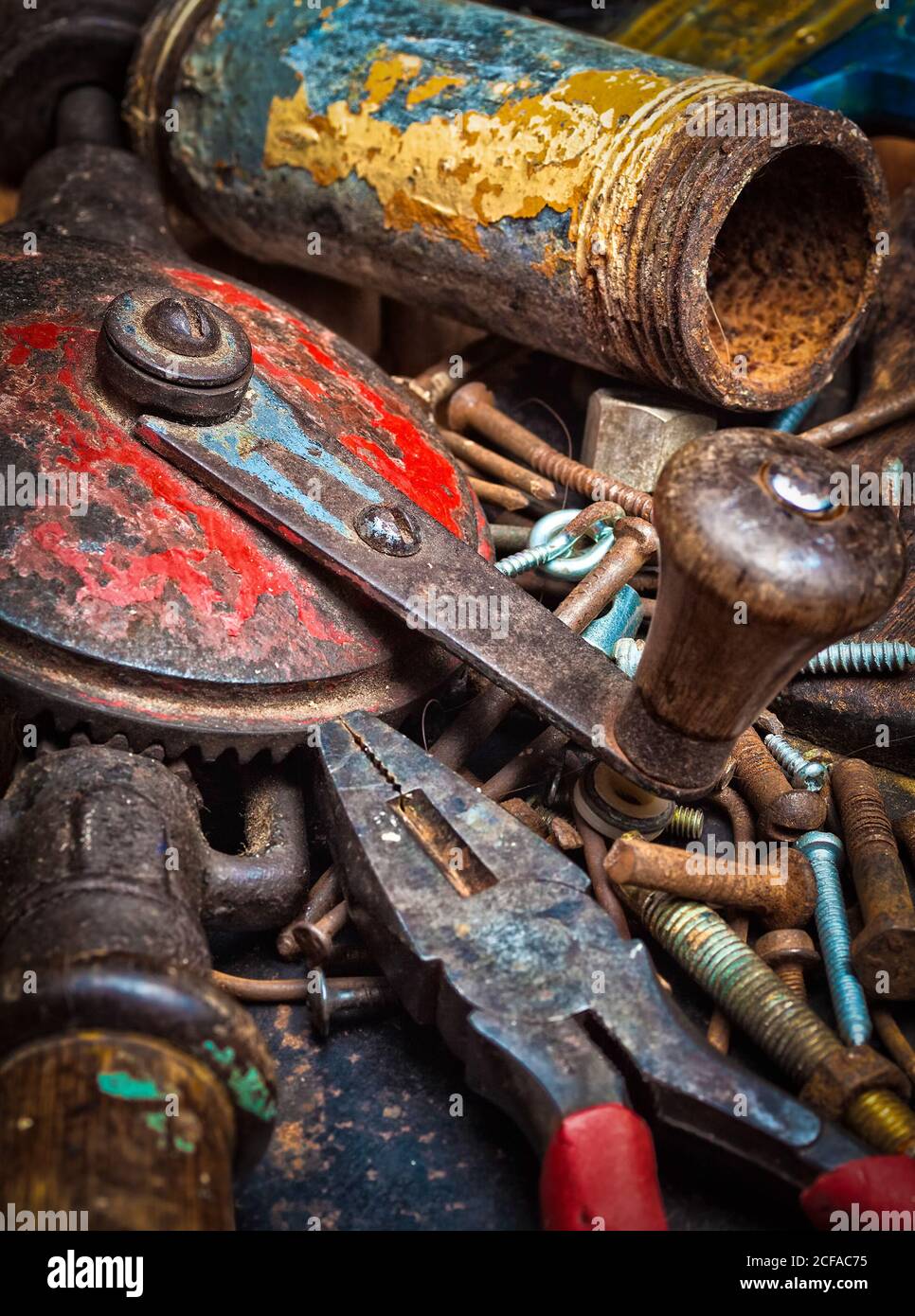 Grunge stack of old rusty manual tools Stock Photo