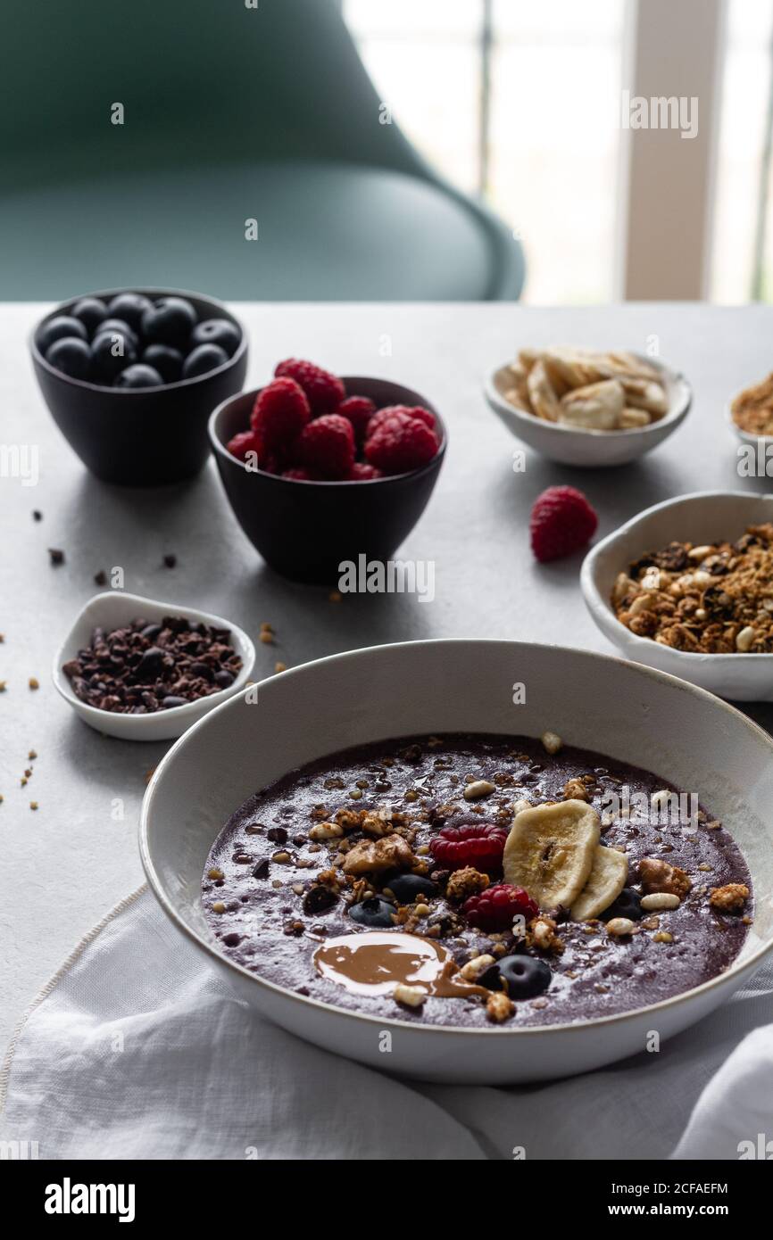 Healthy acai bowls with ingredients Stock Photo Alamy