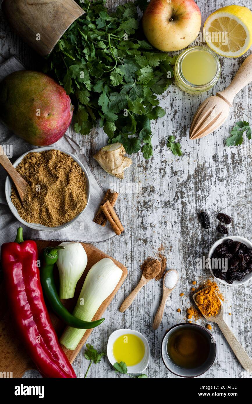 Various ingredients for chutney mango on table Stock Photo