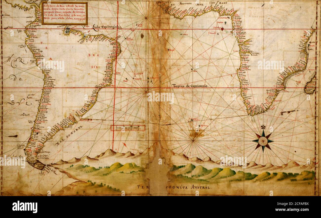 Portuguese Navigational Map of the South Atlantic - 1630 Stock Photo