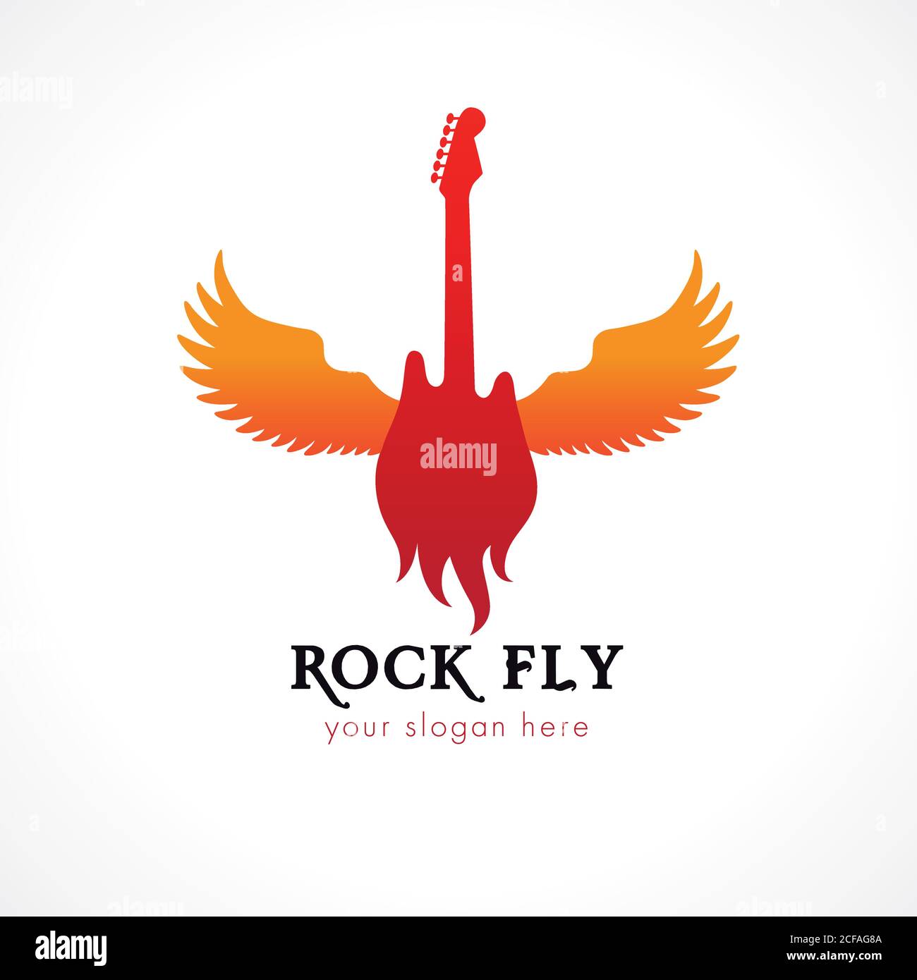 Rock star or band fly logo brand red colored. Electric guitar flies. Colorful music angel wings. Vector sign. Art events and tours symbol. Stock Vector