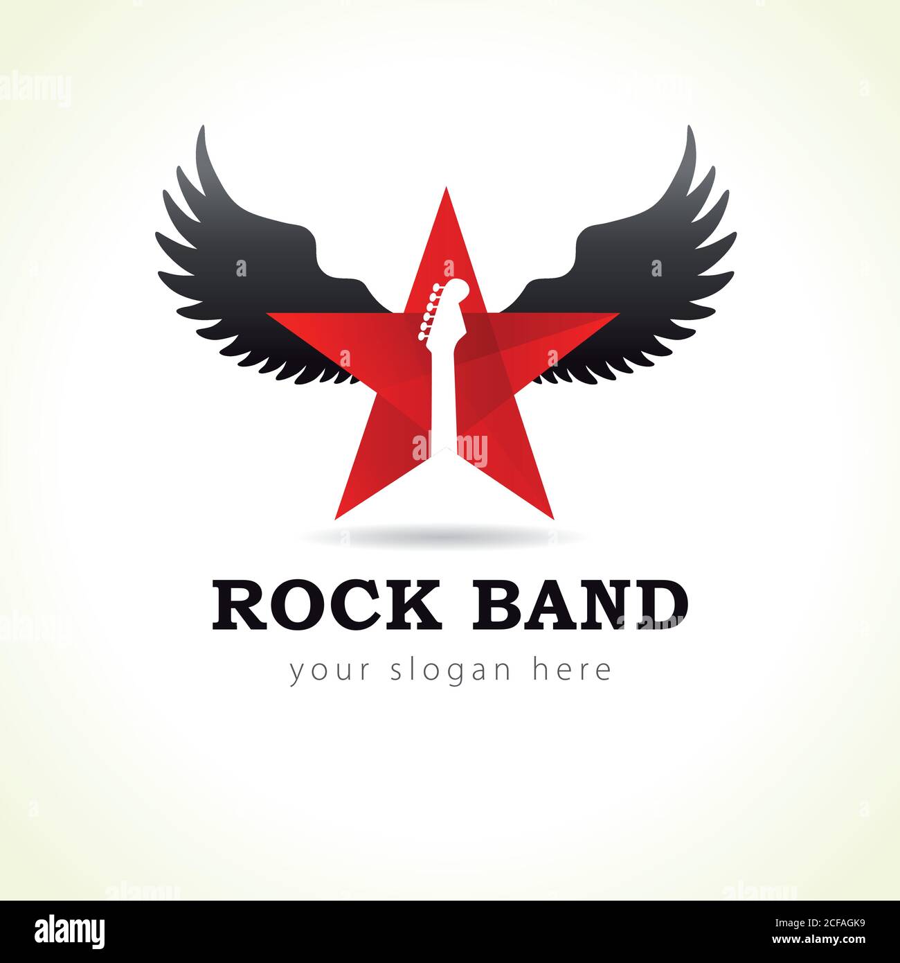 Rock star or band fly logo brand red colored. Electric guitar fretboard in red star flies. Black music angel wing. Vector sign. Art events symbol. Stock Vector