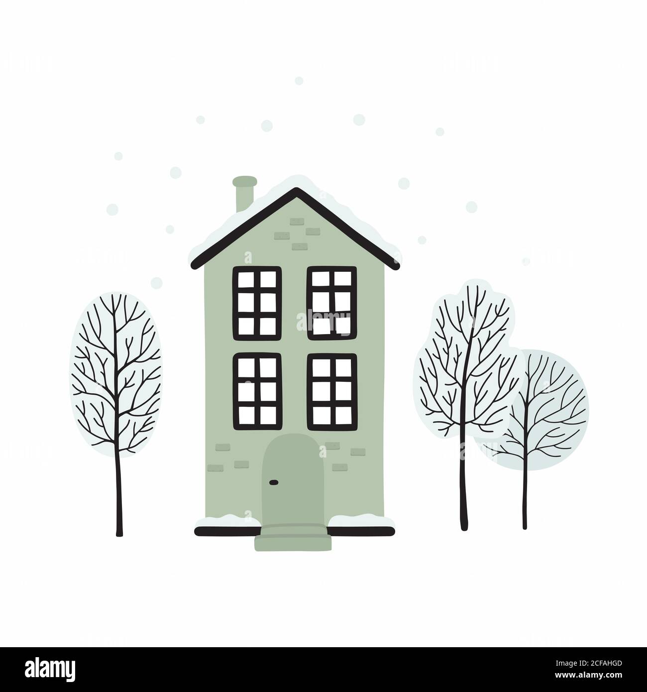 Winter urban landscape card with houses and trees. Stock Vector