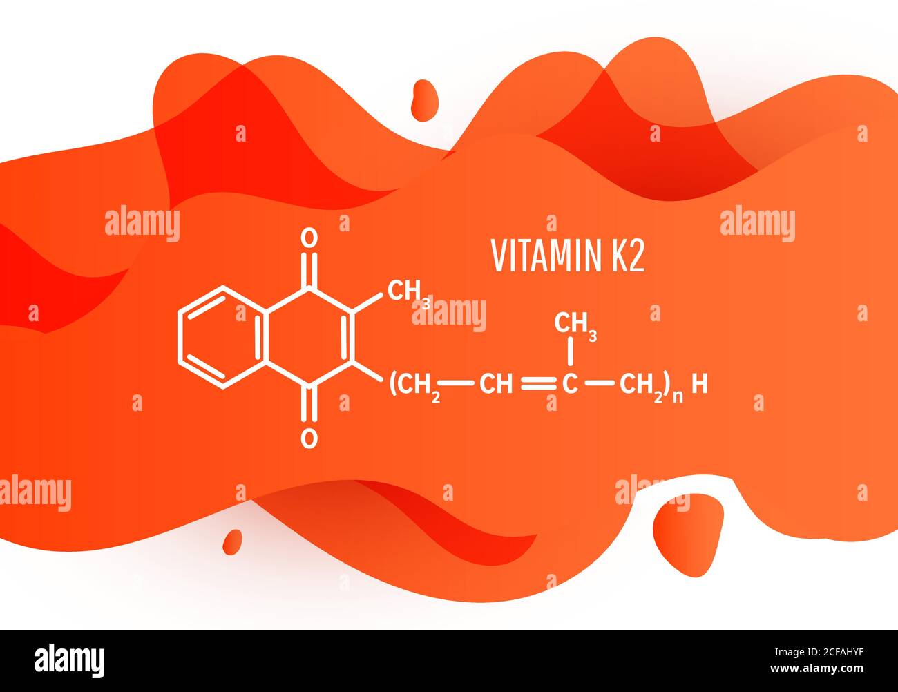 Vitamin K2 structural chemical formula with a orange liquid fluid gradient shape with copy space on white background Stock Vector
