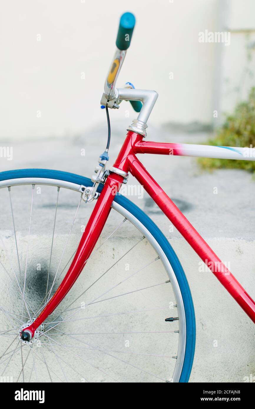 Close-up view of a fixie bike with blue wheel Stock Photo