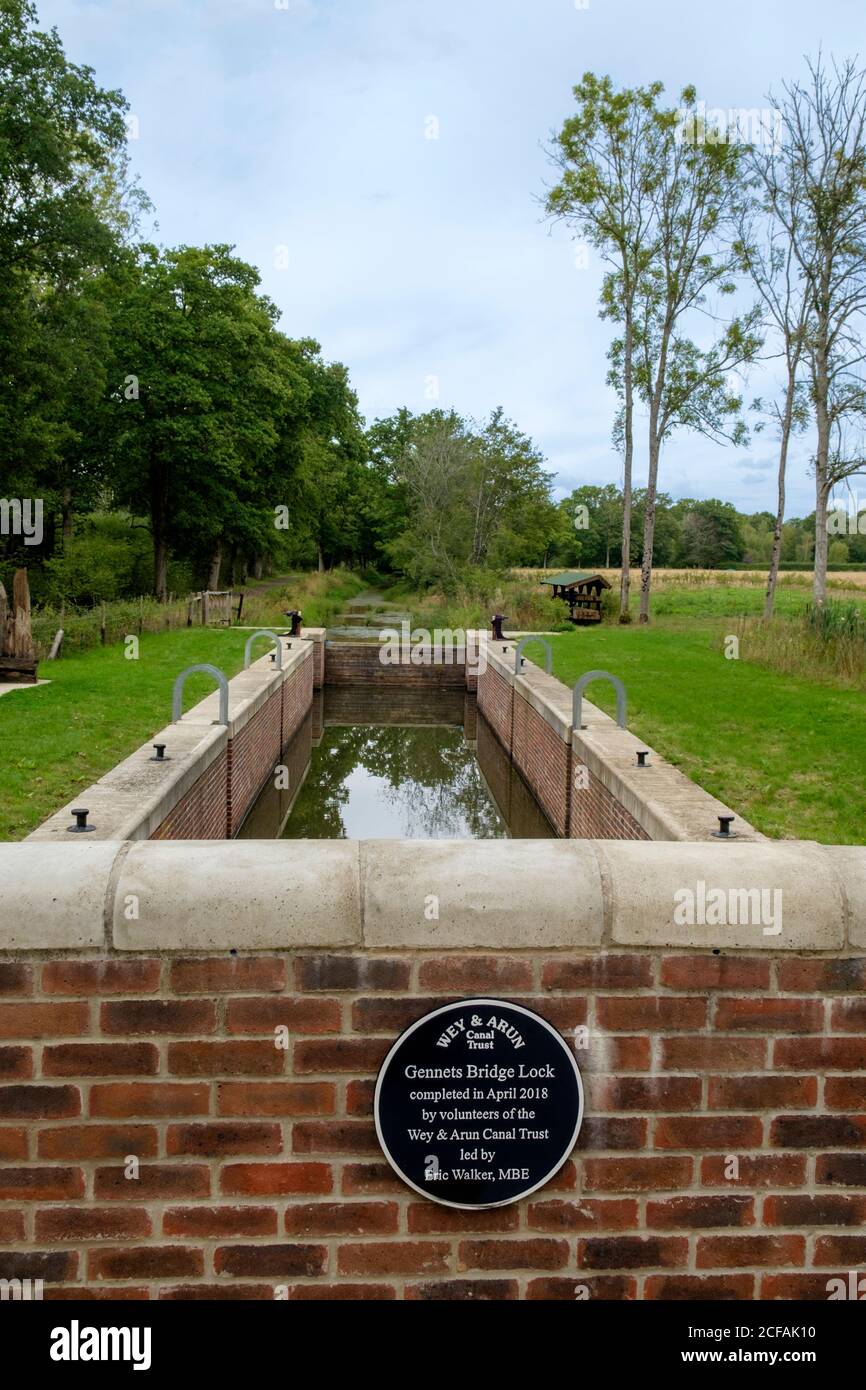 Newley restored Gennets Bridge lock on the abandoned Wey and Arun canal near Alfold Surrey Stock Photo