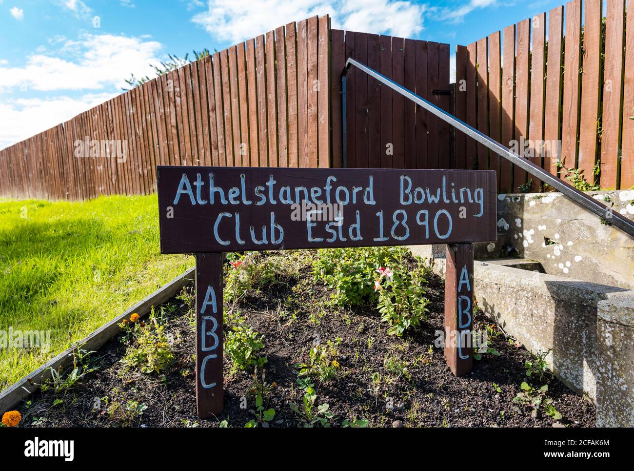 Village bowling green name sign, Athelstaneford, East Lothian, Scotland, UK Stock Photo