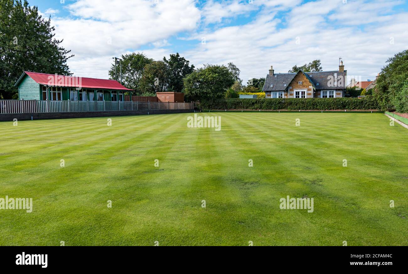 Village bowling green with hut on sunny day, Athelstaneford, East Lothian, Scotland, UK Stock Photo