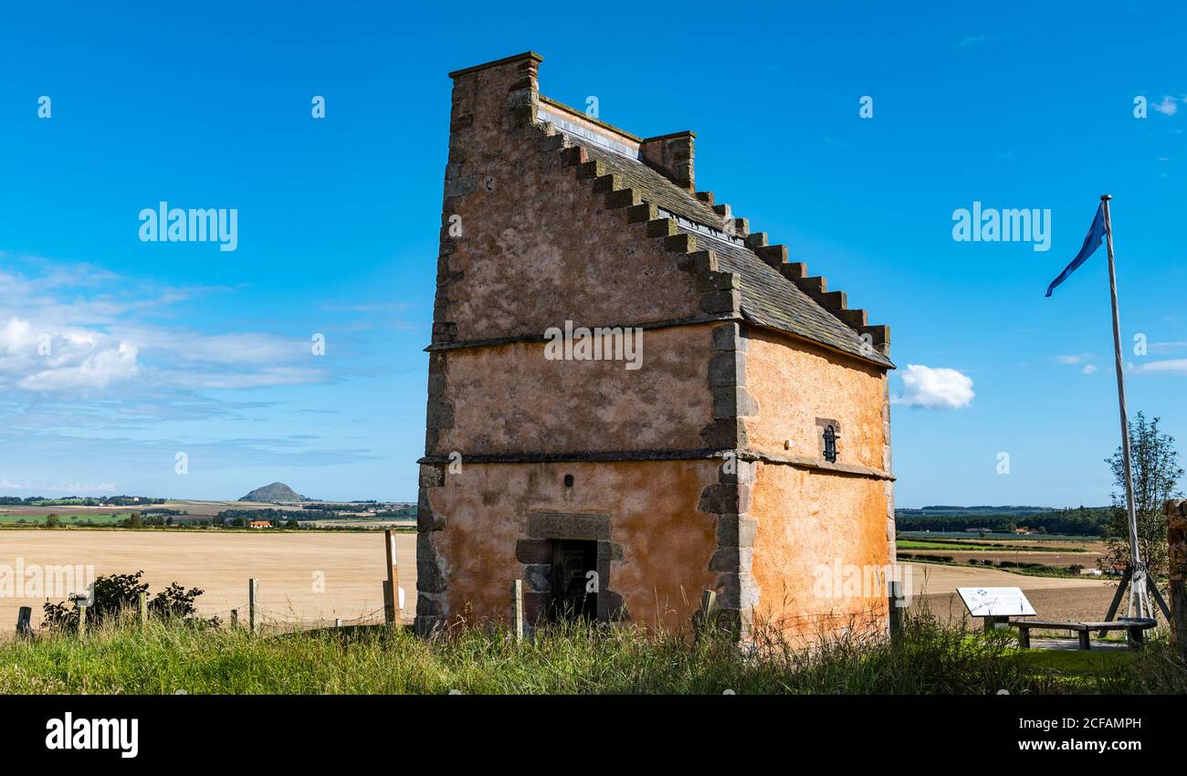 Old lime washed dovecot or doocot, National Flag Heritage Centre in Summer on sunny day, Athelstaneford, East Lothian, Scotland, UK Stock Photo