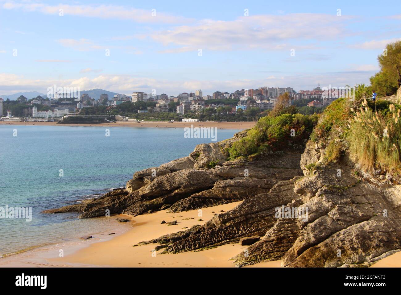 Landscape panoramic view of the Sardinero beach in Santander Cantabria Spain seen from the Matalenas peninsular on a calm morning Stock Photo
