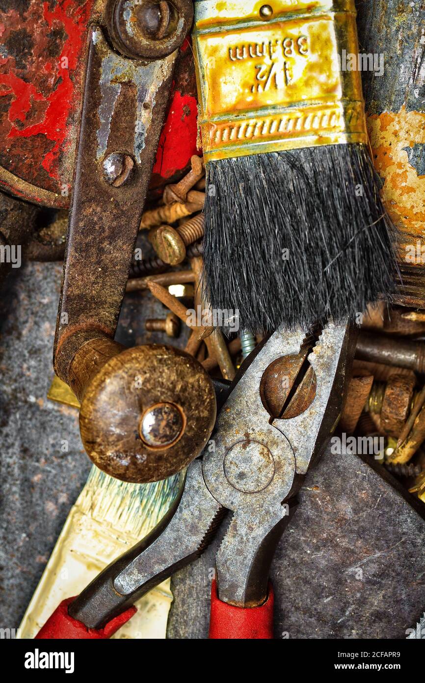 Grunge set of old and dirty manual tools Stock Photo