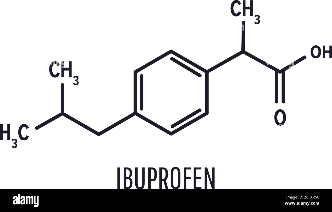 Ibuprofen chemical molecule structure on a white background Stock