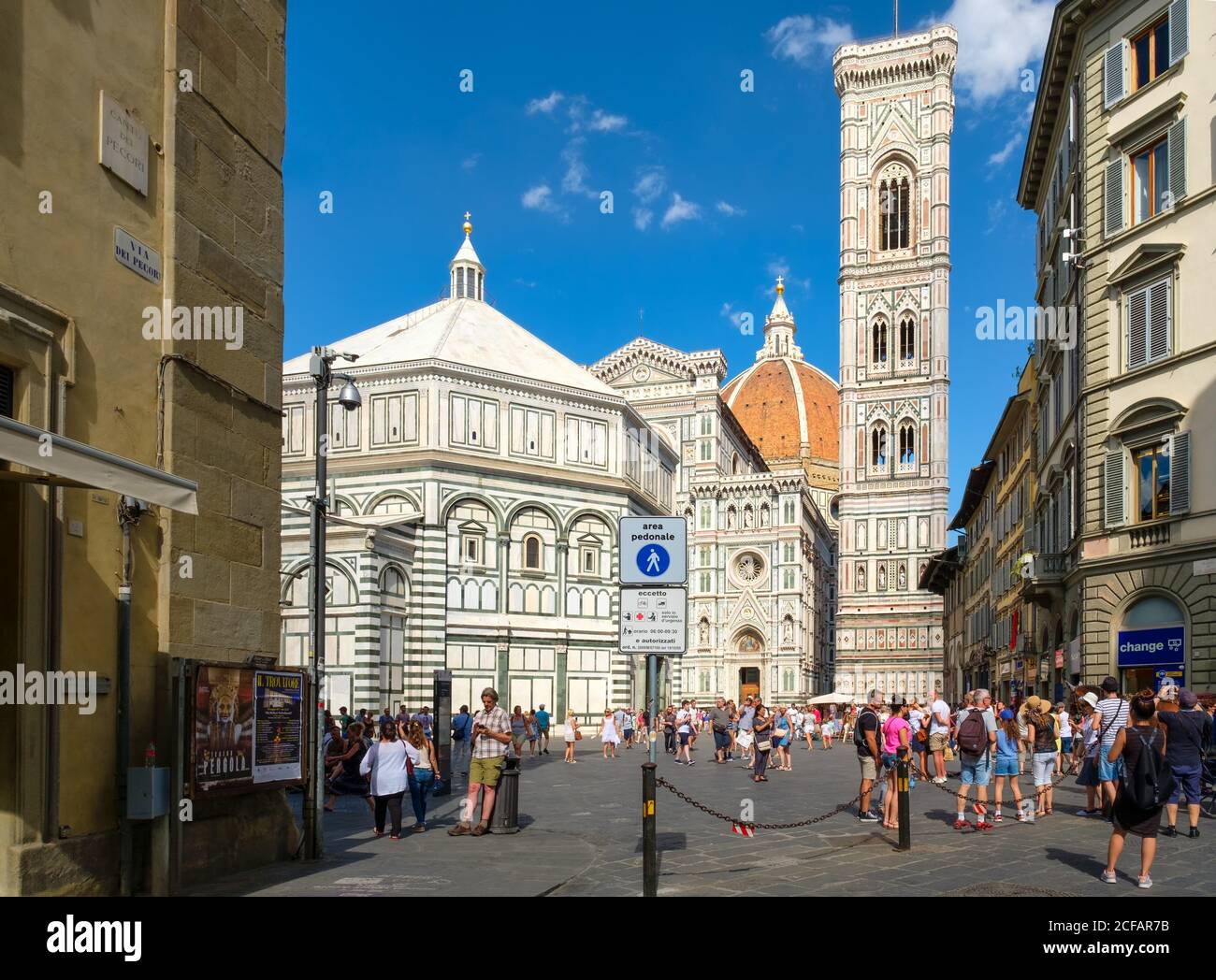 FLORENCE,ITALY - JULY 24,2017 : Tourists and locals at Piazza del Duomo with a view of the Cathedral of Florence Stock Photo