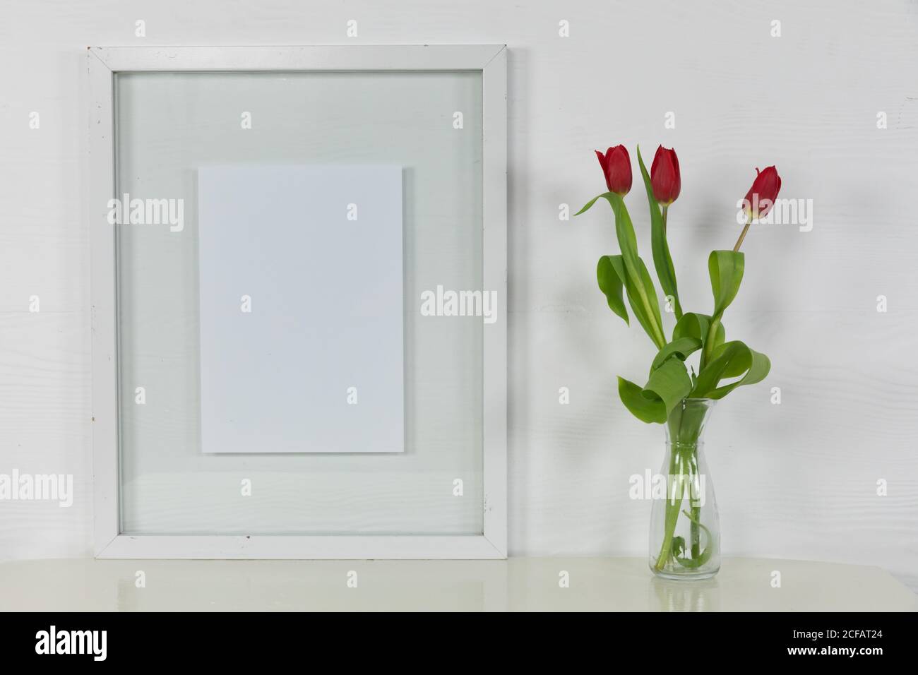 View of an empty picture frame, with red tulips in a glass vase on plain white background Stock Photo