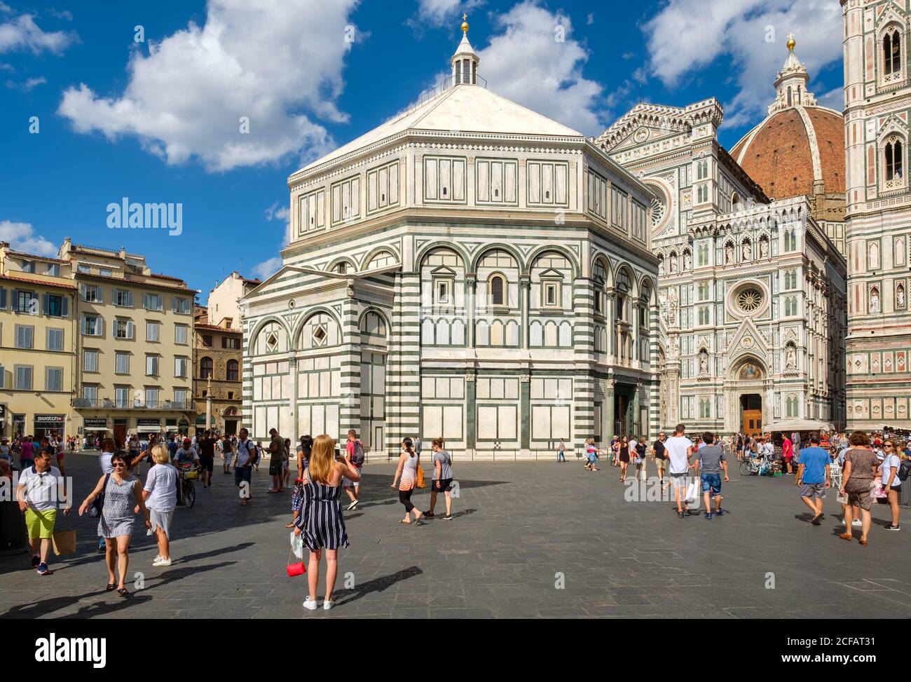 FLORENCE,ITALY - JULY 24,2017 : Tourists and locals at Piazza del Duomo with a view of the Cathedral of Florence Stock Photo