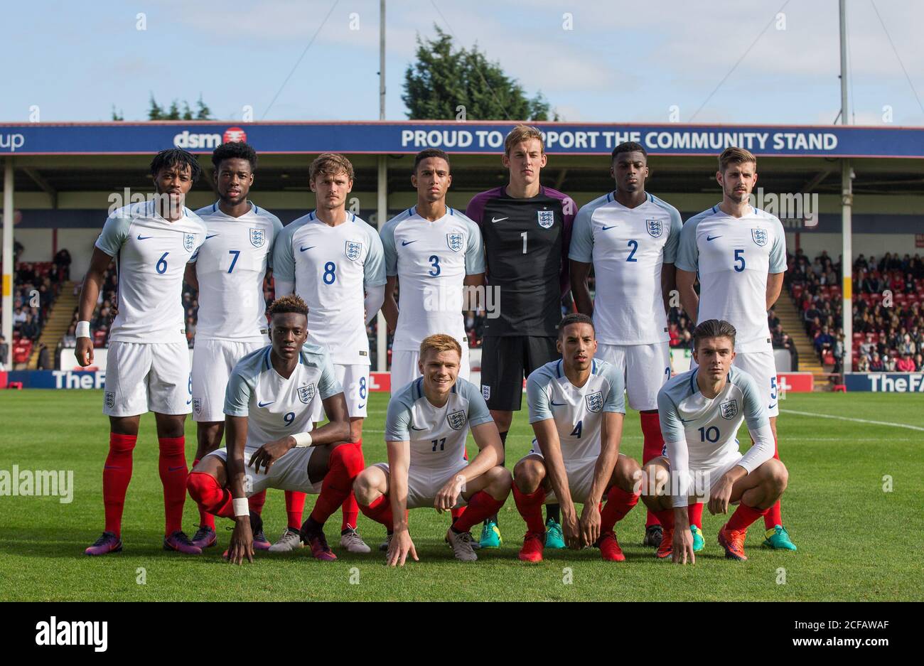 Walsall, UK. 11th Oct, 2016. England team photo (back row l-r) Nathaniel Chalobah, Joshua Onomah, John Swift, Brendan Galloway, Goalkeeper Christian Walton, Dominic Iorfa & Jack Stephens (front row l-r) Tammy Abraham, Duncan Watmore, Isaac Hayden & Jack Grealish during the International European Under-21 Championship Qualifying match match between England and Bosnia and Herzegovina at the Banks's Stadium, Walsall, England on 11 October 2016. Photo by Andy Rowland. Credit: PRiME Media Images/Alamy Live News Stock Photo