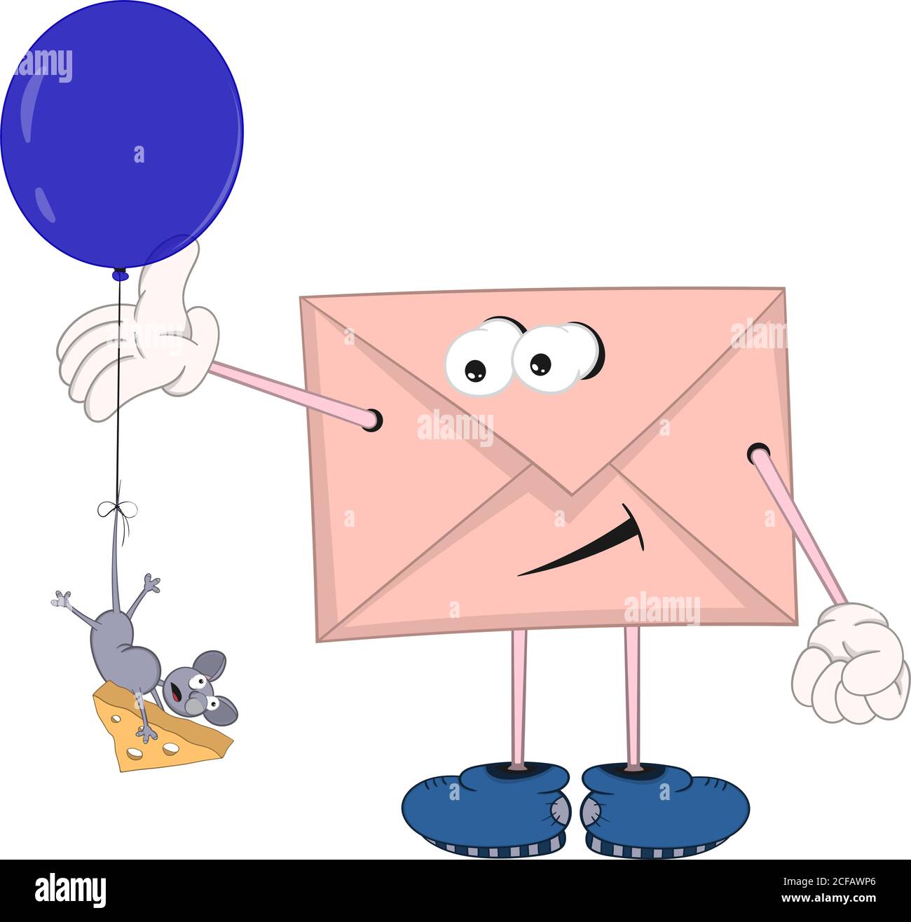 funny cartoon envelope with eyes, legs and hands looking like a little mouse flying in a balloon and holding cheese. Stock Vector