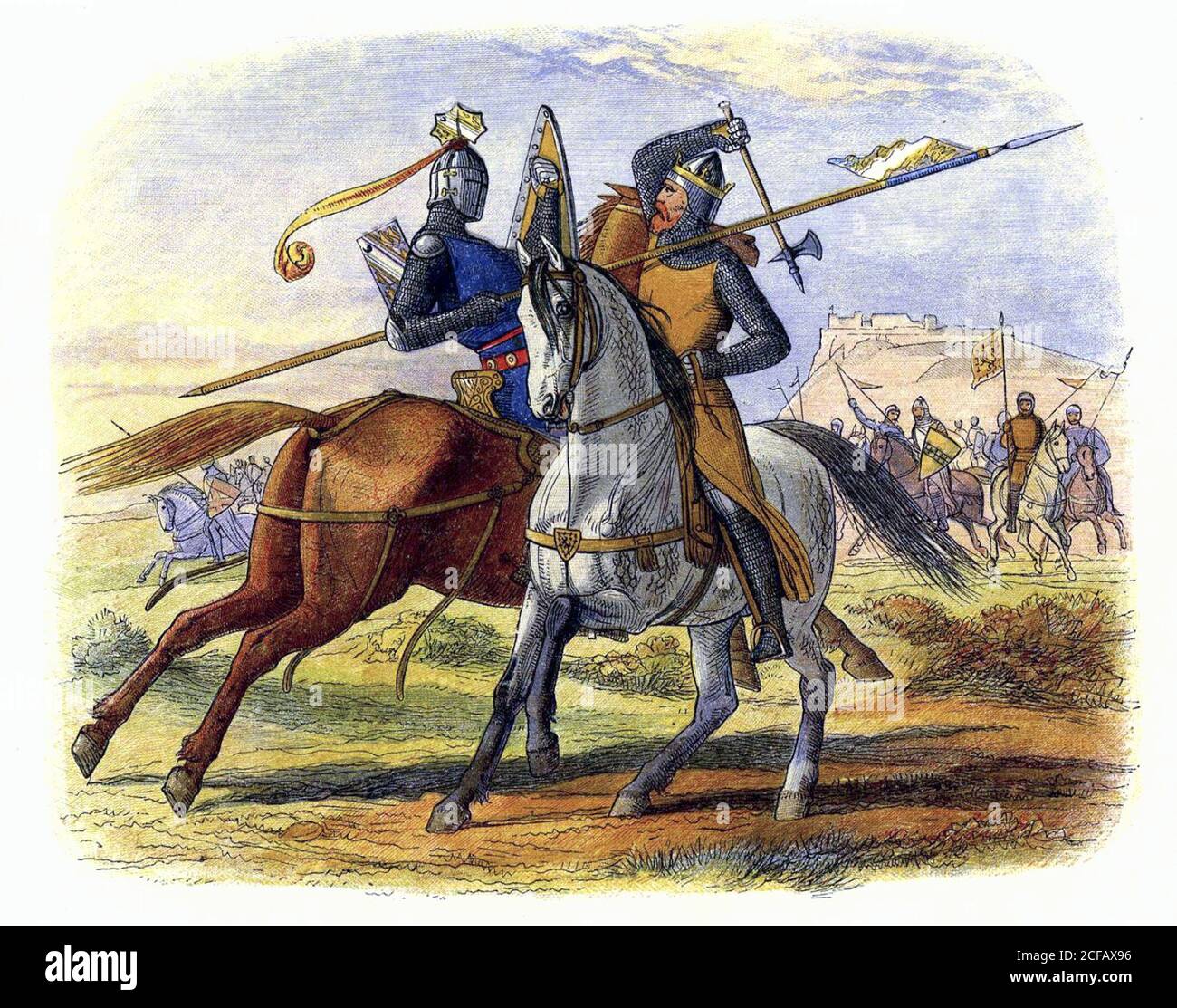 Robert the Bruce fighting Sir Henry Bohun during the Battle of Bannockburn, illustration from James William Edmund Doyle's 'A Chronicle of England' (1864), Stock Photo